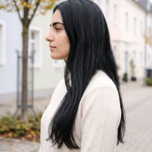 Clip-in vlasy čierne – #01 Čierna havrania na modelke – pohľad z profilu (ilustračná fotografia)