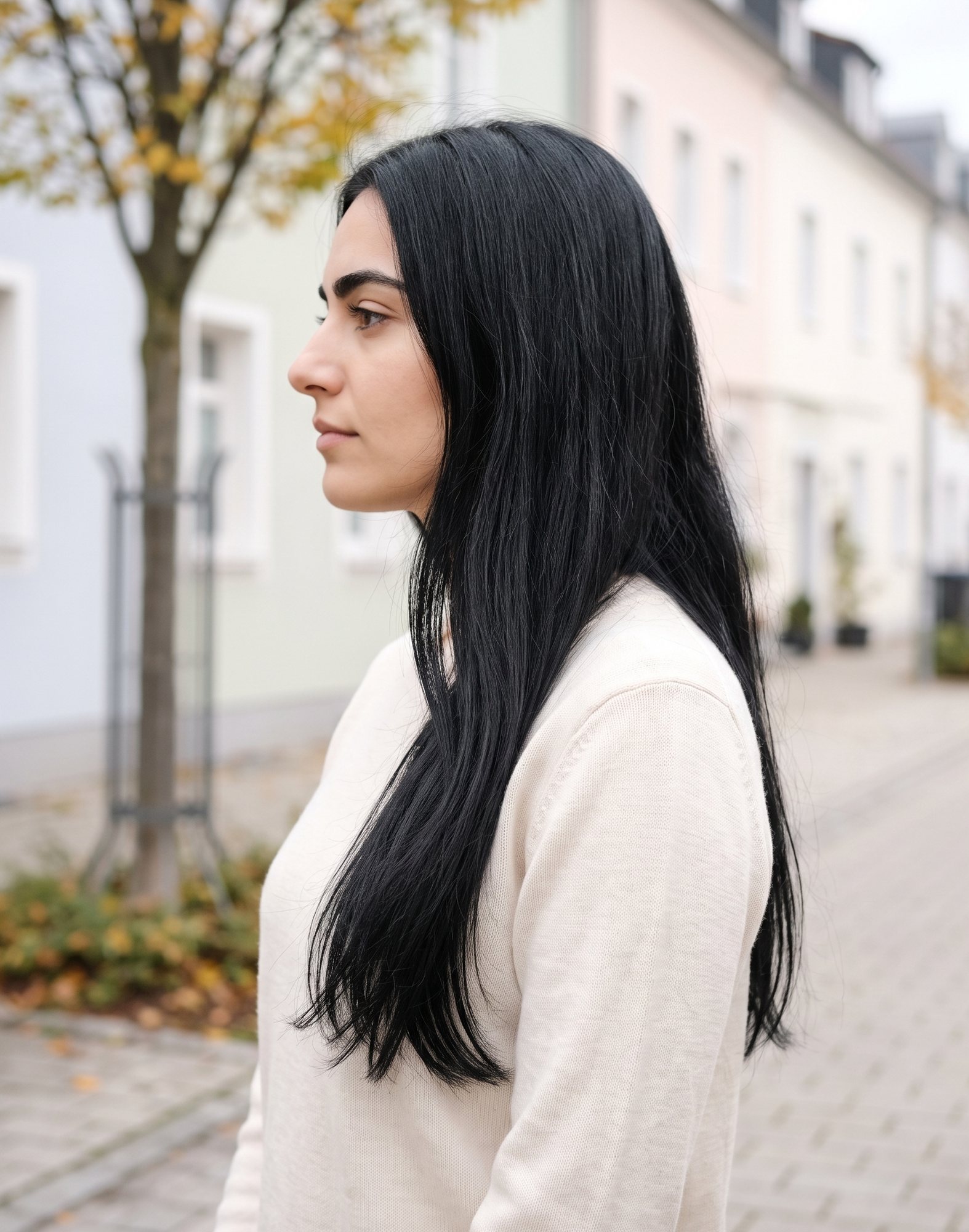 Clip-in vlasy čierne – #01 Čierna havrania na modelke – pohľad z profilu (ilustračná fotografia)