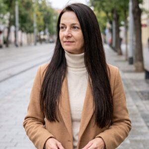 Clip-in vlasy gaštanové – #06 Tmavý gaštan na modelke – pohľad spredu (ilustračná fotografia)