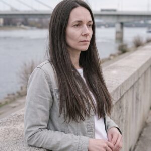 Clip-in vlasy popolavo hnedé – #10 Tmavá popolavá hnedá na modelke – pohľad spredu (ilustračná fotografia)