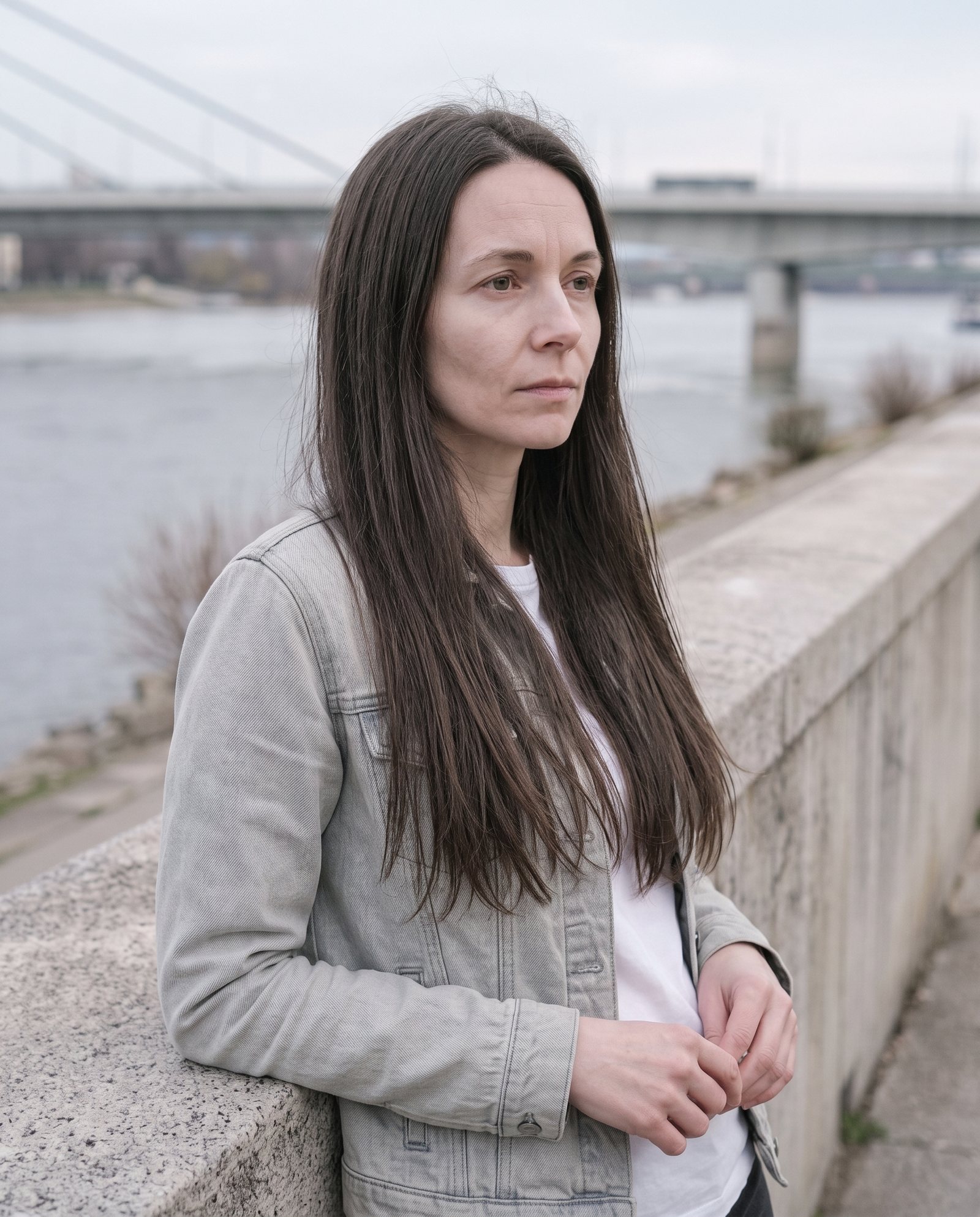Clip-in vlasy popolavo hnedé – #10 Tmavá popolavá hnedá na modelke – pohľad spredu (ilustračná fotografia)