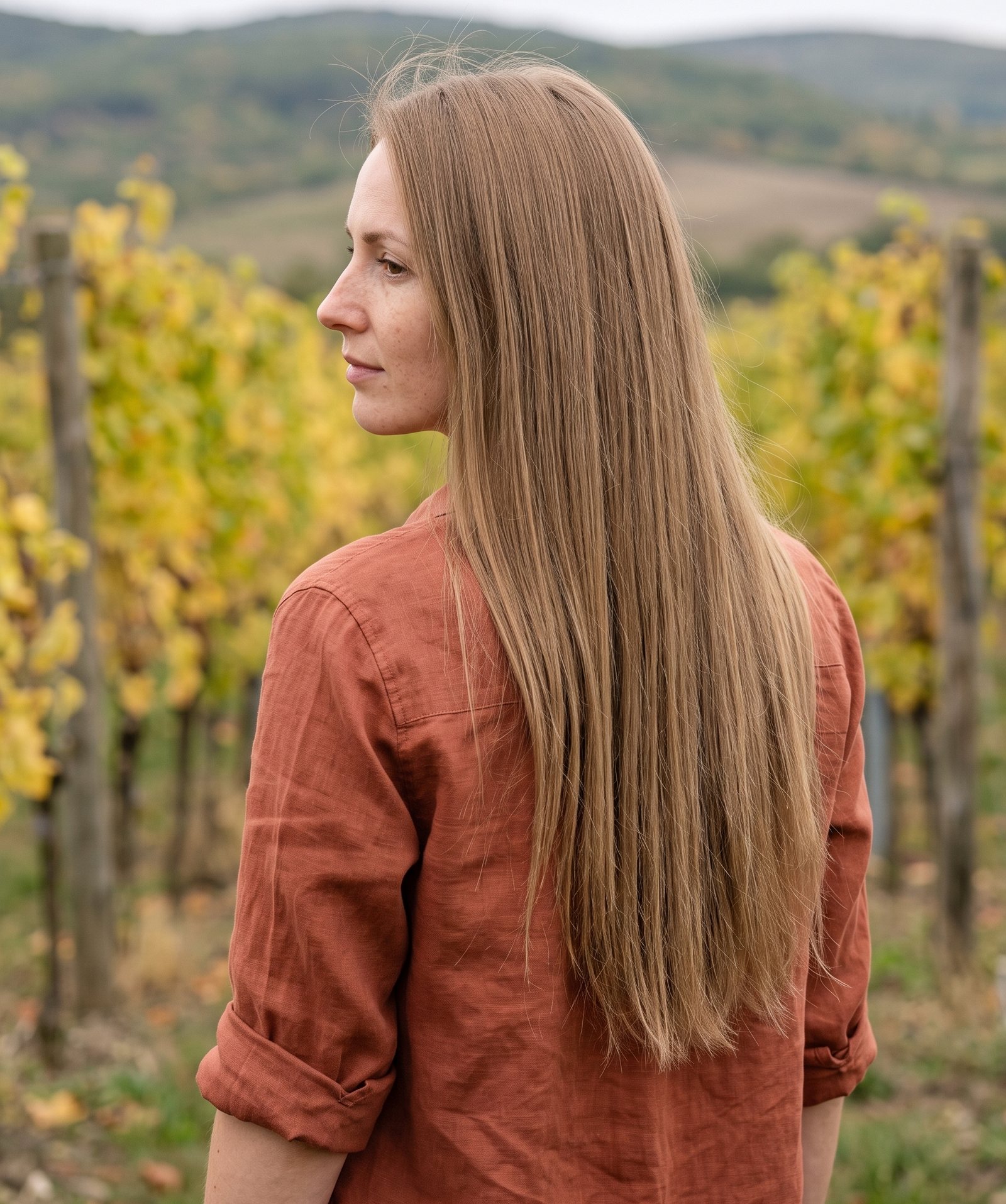 Žena s dlouhými pískově blond clip-in vlasy zezadu