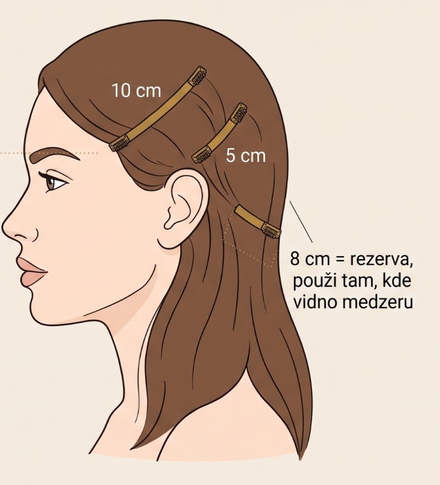 Pohled z boku: pás 10 cm nad uchem, pás 5 cm u spánku a pás 8 cm jako rezerva tam, kde je vidět mezera