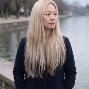 Clip-in vlasy ombré platinová do popolavej blond – #M60/18 na modelke – pohľad spredu (ilustračná fotografia)