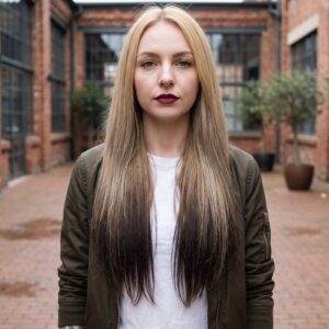 Clip-in vlasy ombré blond do tmavohnedej – #M613/4 na modelke – pohľad spredu (ilustračná fotografia)