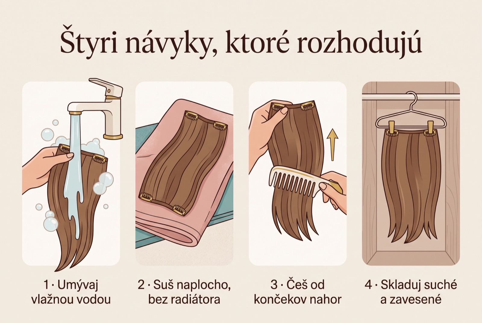 Čtyři kroky péče o clip-in vlasy: mytí vlažnou vodou, sušení naplocho, česání od konečků nahoru a skladování zavěšené